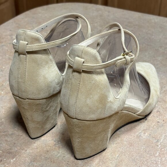 Cole Haan Wedge Heels Beige Suede Leather Ankle Strap Shoes Size 9 - Picture 10 of 13